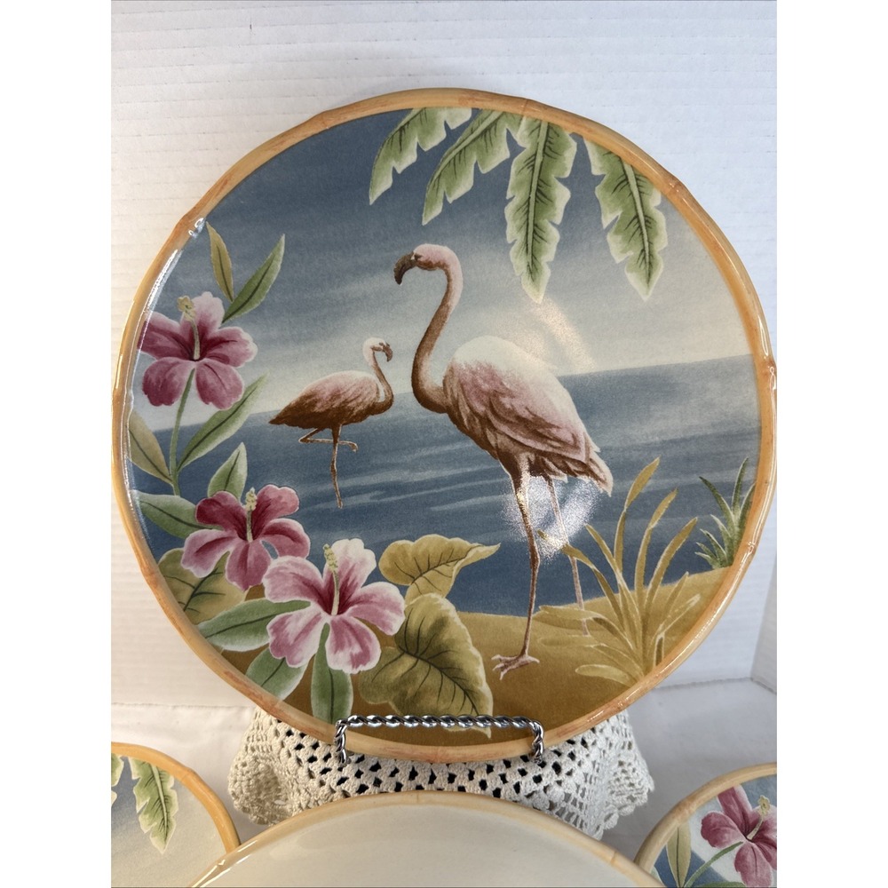 8 The Cellar Flamingo & Floral Dinner Plates bamboo look edge 9.25" Vtg.Macy's